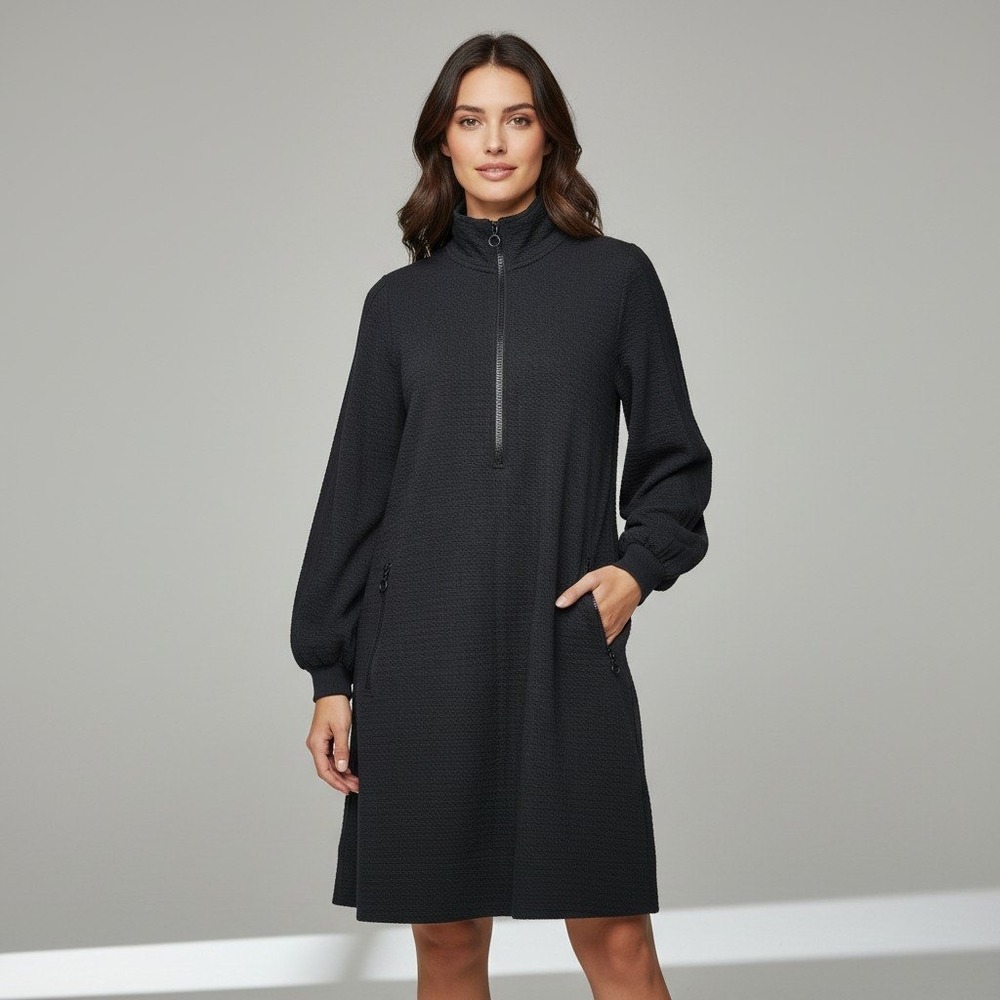 ME+EM Black Textured Quarter Zip Mini Dress Balloon Sleeve AW23JD711 US 6